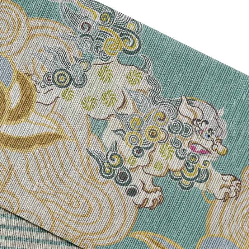 半幅帯 召しませ花 瑞雲 獅子 ベージュ 緑 ターコイズ 伝統文様 縁起物