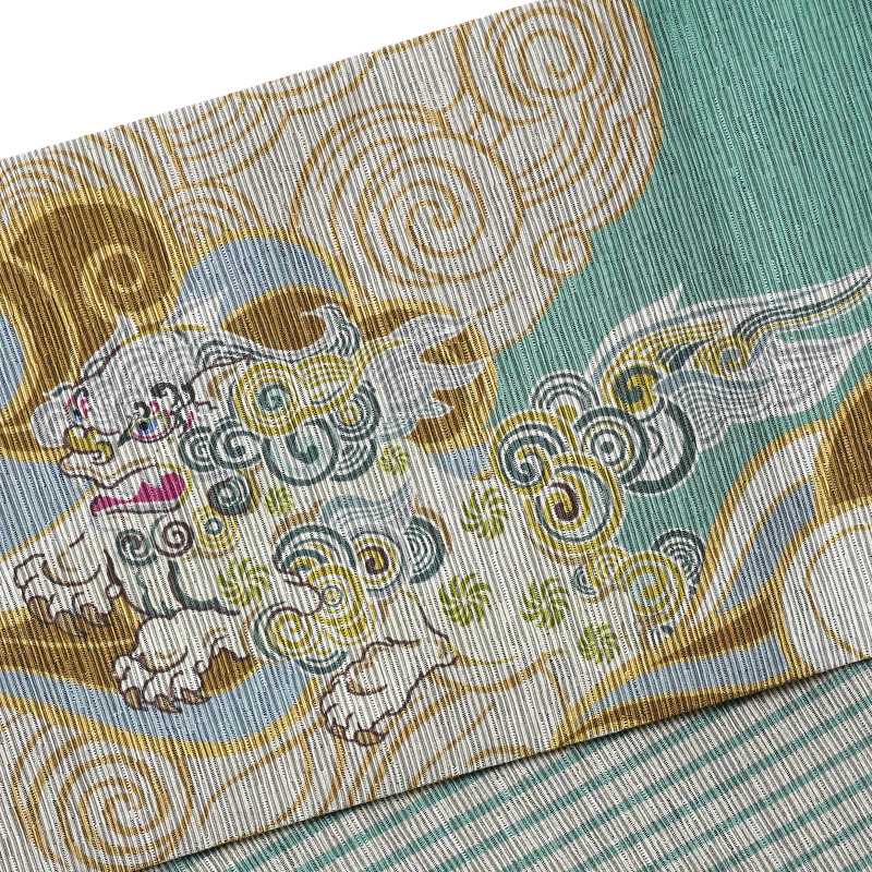 半幅帯 召しませ花 瑞雲 獅子 ベージュ 緑 ターコイズ 伝統文様 縁起物