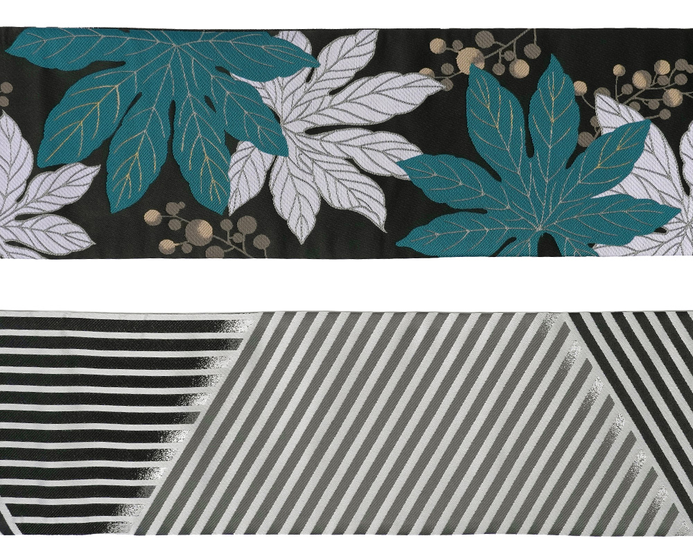 半幅帯 nico by wakka 天狗のうちわ 墨黒 ターコイズ ヤツデ 植物 葉