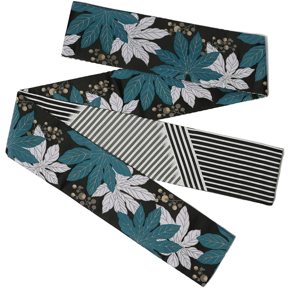 半幅帯 nico by wakka 天狗のうちわ 墨黒 ターコイズ ヤツデ 植物 葉