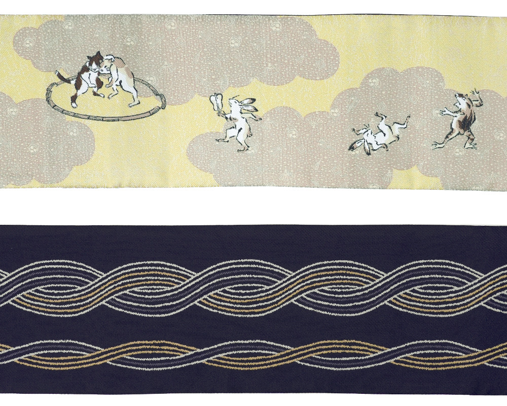 半幅帯 nico by wakka ツナ取り 黄色 鳥獣戯画 パロディ 猿 ウサギ