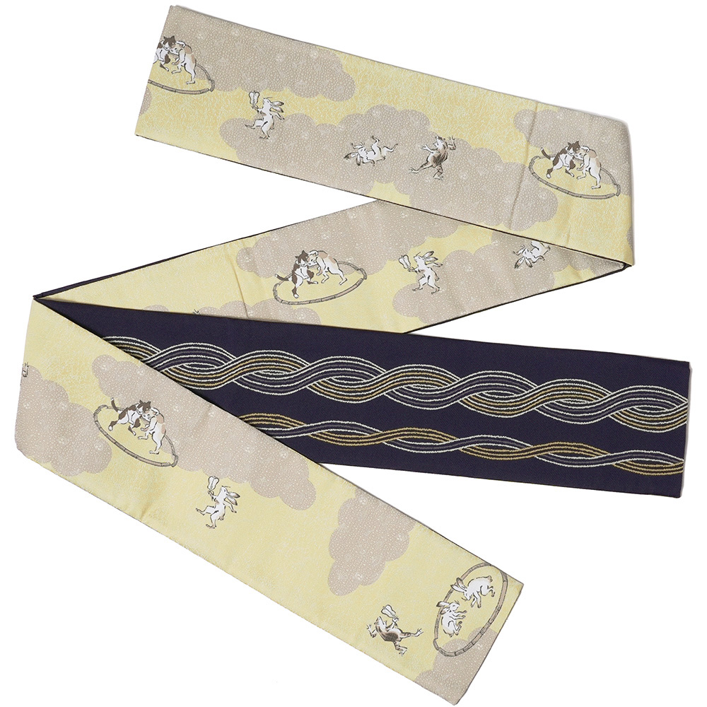 半幅帯 nico by wakka ツナ取り 黄色 鳥獣戯画 パロディ 猿 ウサギ