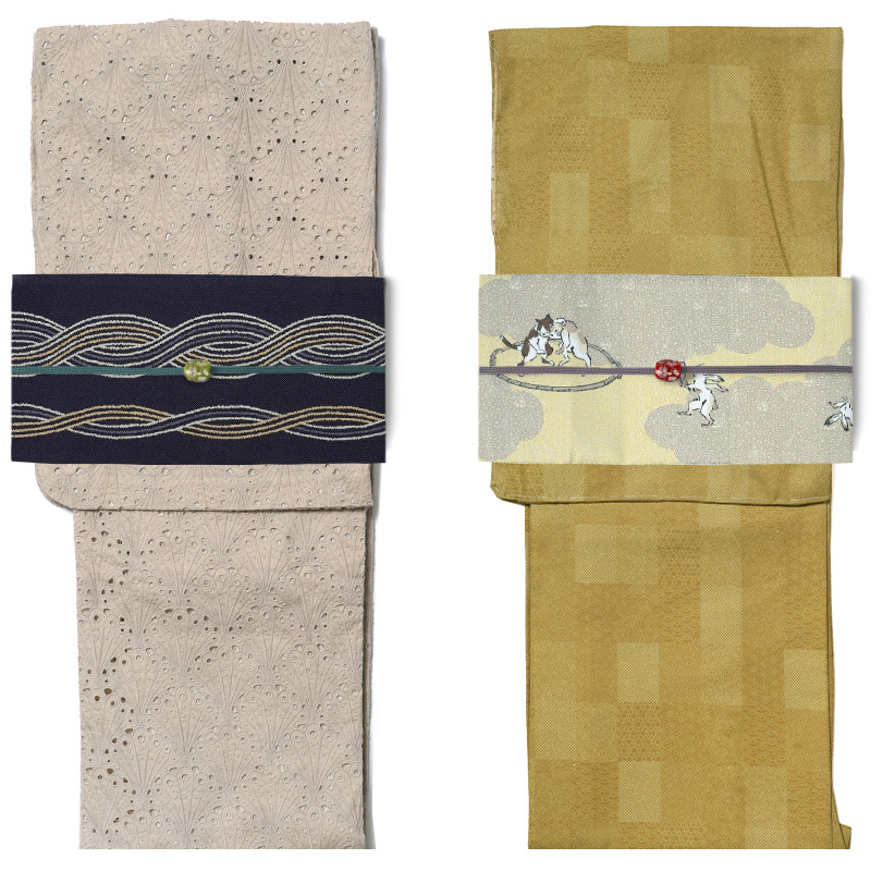 半幅帯 nico by wakka ツナ取り 黄色 鳥獣戯画 パロディ 猿 ウサギ