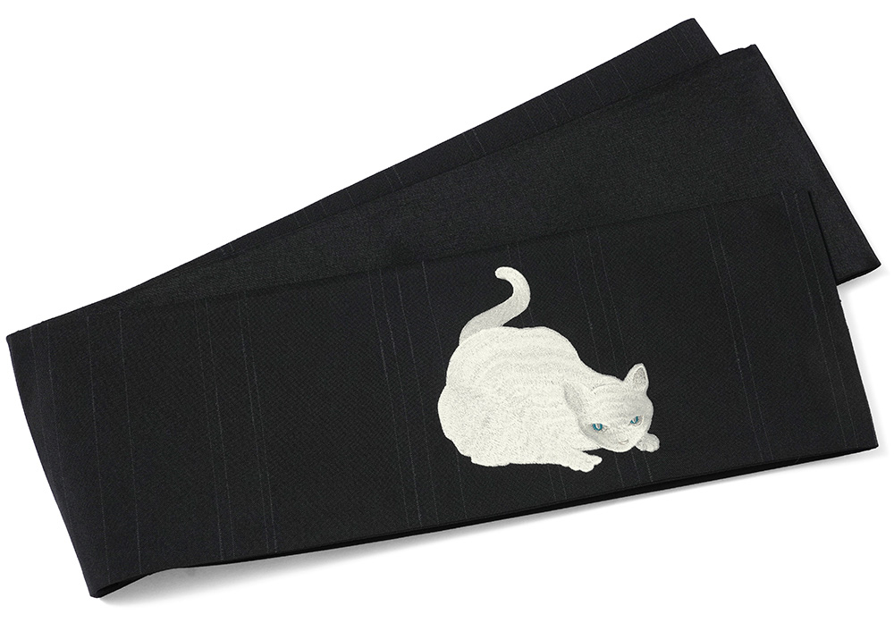 撫松庵 半幅帯 虎視眈々 猫 ブラック グレー 刺しゅう シンプル 変り