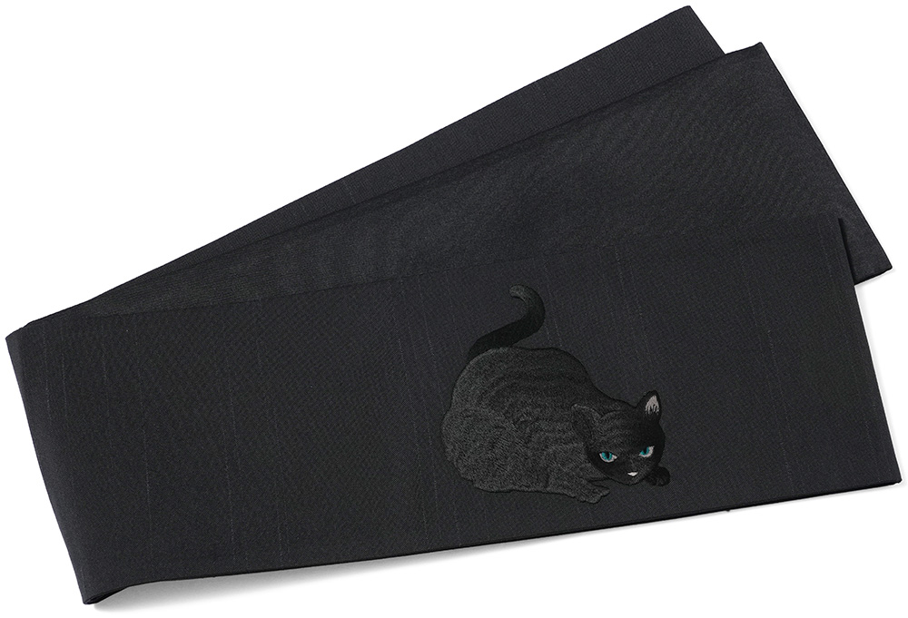 撫松庵　黒猫　半幅帯 撫松庵 半幅帯 虎視眈々 猫 ブラック グレー 刺しゅう シンプル 変り