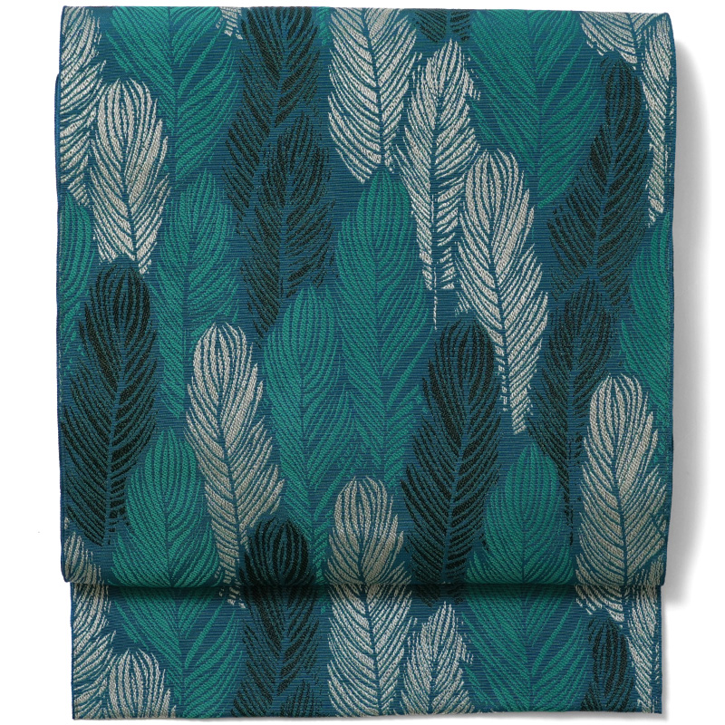 名古屋帯 フェザーパターン 羽 青緑 ターコイズ ポリエステル 洗える