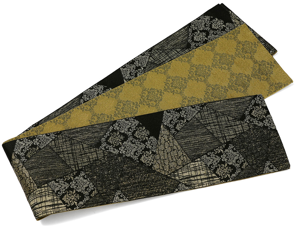 半幅帯 きれどり 黒 からし ダマスク ラメ糸 ジャガード織 長尺