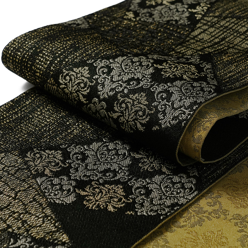 半幅帯 きれどり 黒 からし ダマスク ラメ糸 ジャガード織 長尺