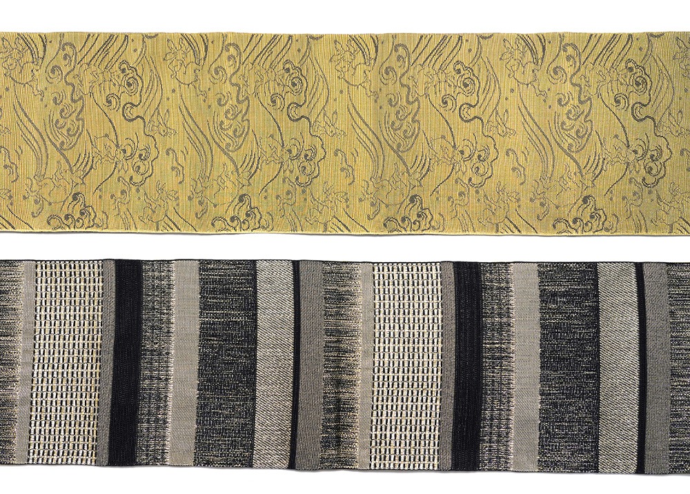 半幅帯 縦縞 鳥獣戯画 黒 金 からし 兎 波文様 ラメ ジャガード織 長尺