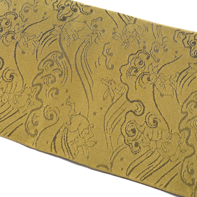 半幅帯 縦縞 鳥獣戯画 黒 金 からし 兎 波文様 ラメ ジャガード織 長尺