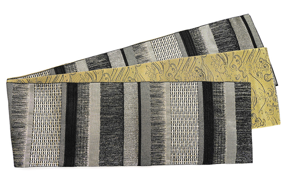 半幅帯 縦縞 鳥獣戯画 黒 金 からし 兎 波文様 ラメ ジャガード織 長尺
