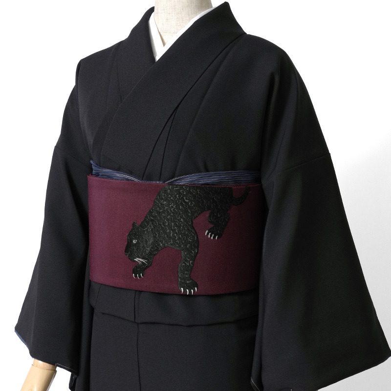 【R】ヒョウ×黒片身替わりの着物SET 着物 撫松庵 ヒョウ刺繍 ブラック レオパード 豹 袷 付け下げ ワン