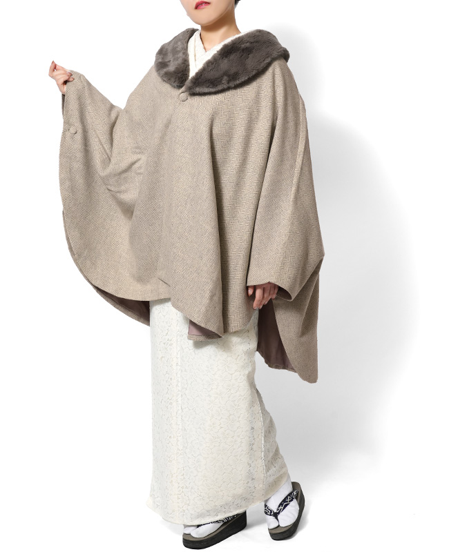 ケープ コート JAPAN MODE ヘリンボーン ベージュ ファー ポンチョ 冬