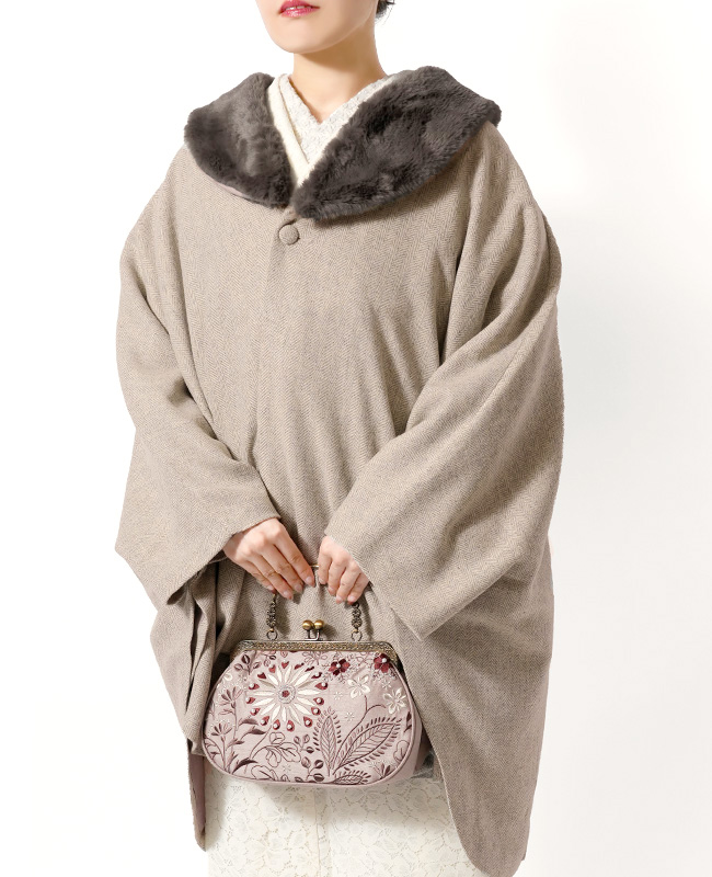 ケープ コート JAPAN MODE ヘリンボーン ベージュ ファー ポンチョ 冬