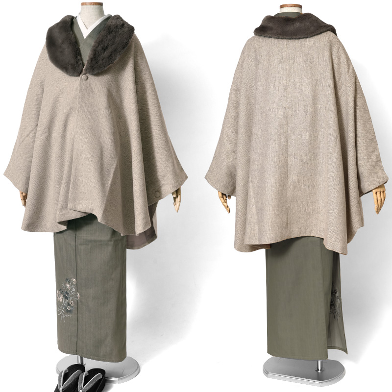 美品　ベージュ フリース ポンチョ・ケープコート ケープ コート JAPAN MODE ヘリンボーン ベージュ ファー ポンチョ 冬