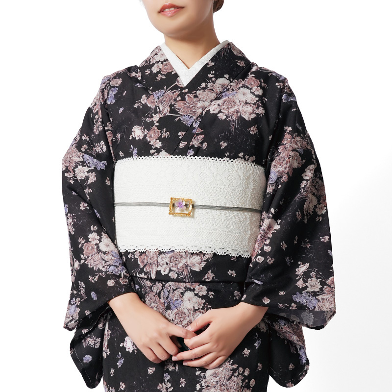 着物 セオアルファ 単衣 アンティークフラワー 黒 ピンク フェミニン
