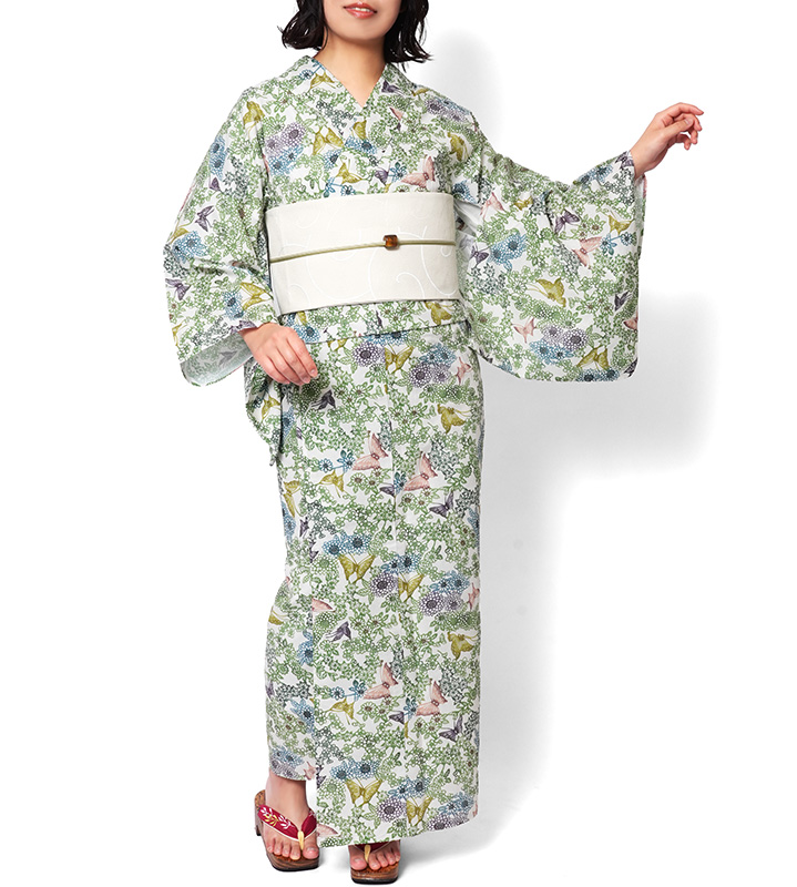 浴衣 紅型風 蝶 花 菊 梅 紅葉 緑 カラフル 古典柄 レディース 仕立