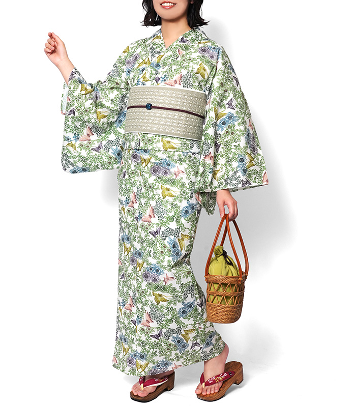 浴衣 紅型風 蝶 花 菊 梅 紅葉 緑 カラフル 古典柄 レディース 仕立