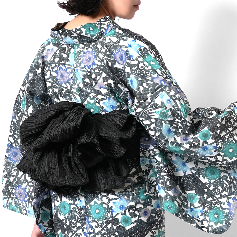 浴衣 紅型風 きれどり 花唐草 幾何学模様 黒 緑 青 紫 古典柄