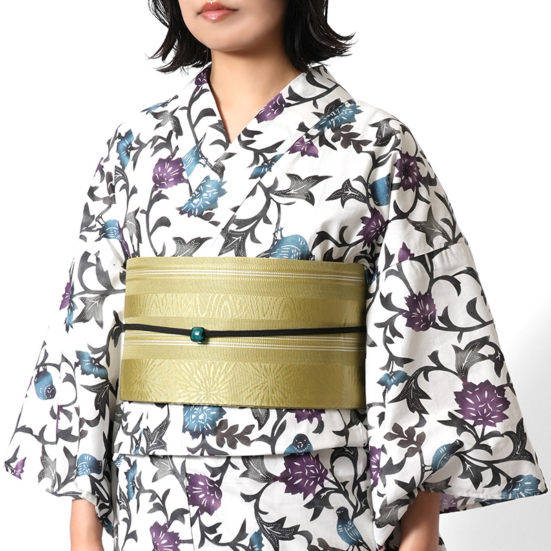 浴衣 紅型風 花唐草 小鳥 白 青 紫 古典柄 レディース 仕立上がり 単品