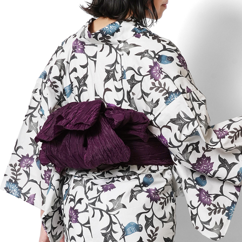 浴衣 紅型風 花唐草 小鳥 白 青 紫 古典柄 レディース 仕立上がり 単品