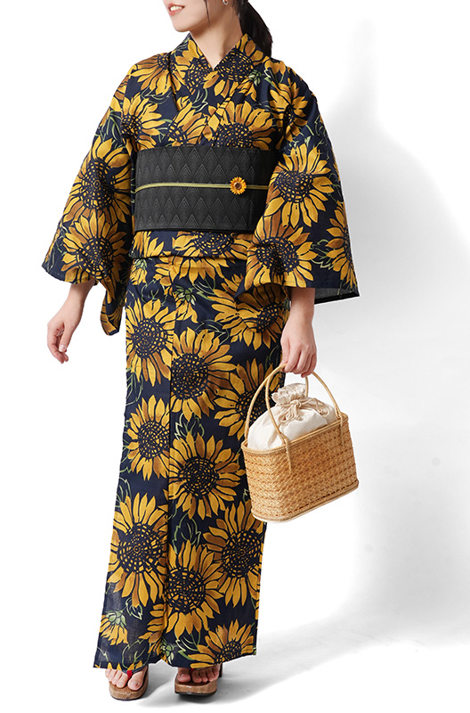 浴衣 ひまわり 黒 黄色 レトロ モダン レディース 仕立上がり 単品