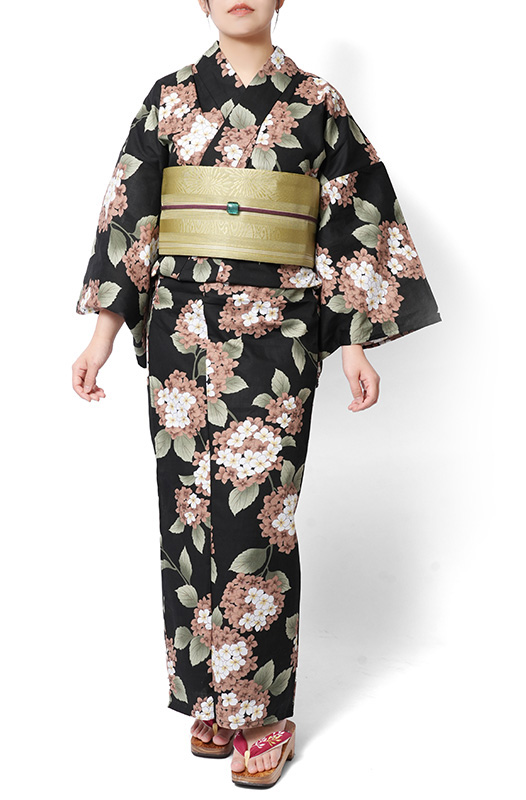 浴衣 紫陽花 黒 ブラウン 白 レトロ モダン レディース 仕立上がり