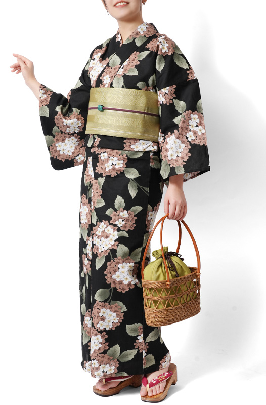 浴衣 紫陽花 黒 ブラウン 白 レトロ モダン レディース 仕立上がり