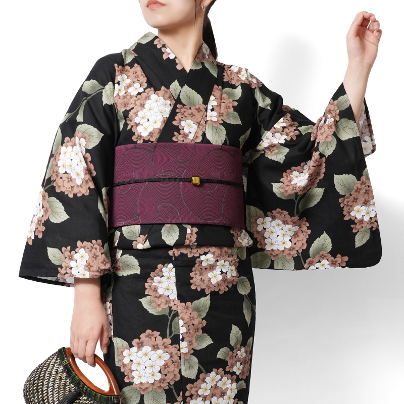 黒地モダン紫陽花柄浴衣とぼかし半幅帯の２点セット 浴衣 紫陽花 黒 ブラウン 白 レトロ モダン レディース 仕立上がり