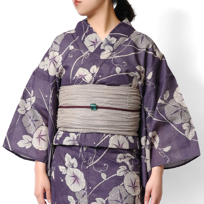 浴衣 綿麻 アサガオ 紫 藤 生成り 花 古典柄 あさがお シック レトロ