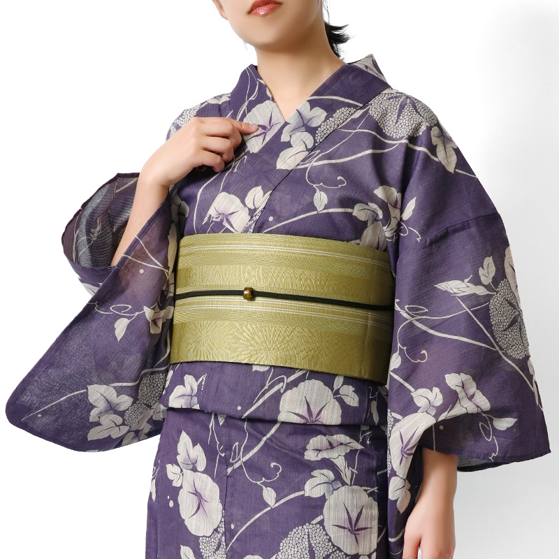 浴衣 綿麻 アサガオ 紫 藤 生成り 花 古典柄 あさがお シック レトロ