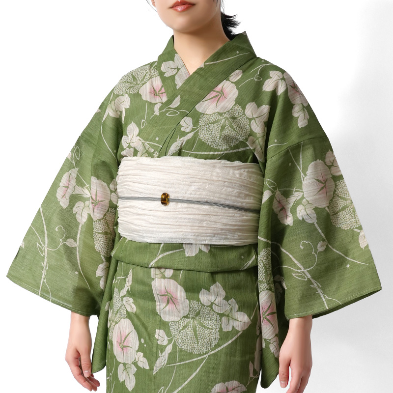 浴衣 綿麻 アサガオ 緑 生成り 花 古典柄 あさがお シック レトロ