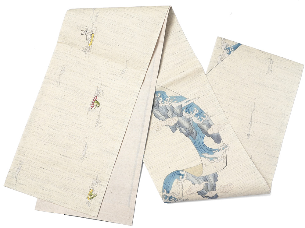 京袋帯 召しませ花 麻 鳥獣戯画絵巻 兎 蛙 川 オフホワイト グレー