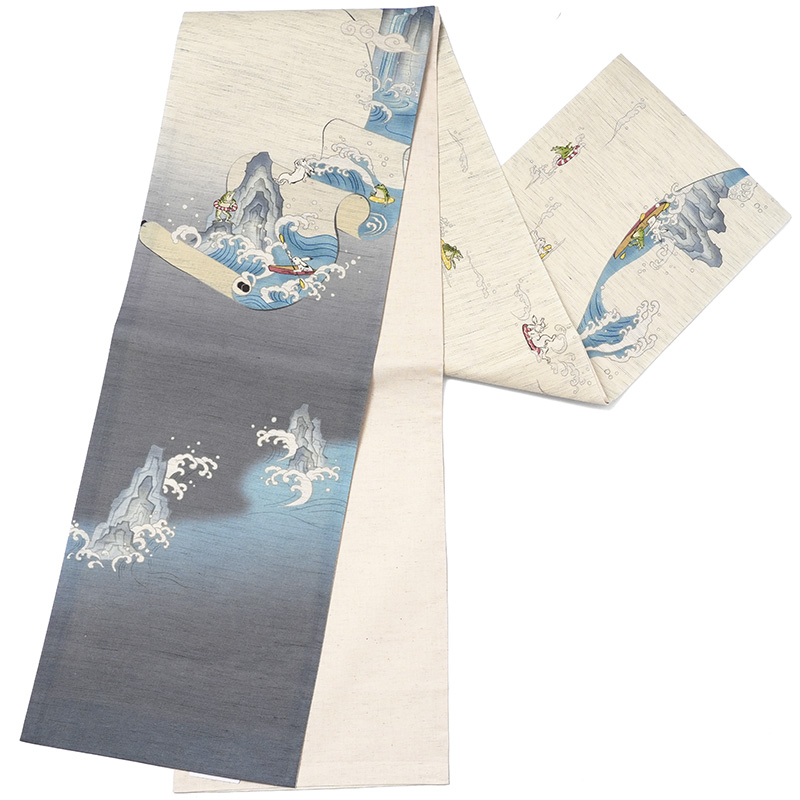 京袋帯 召しませ花 麻 鳥獣戯画絵巻 兎 蛙 川 オフホワイト グレー