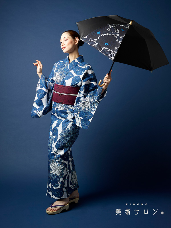 浴衣 美術サロン 藍捺染 アジサイ 藍 紺 白 知多木綿 レディース
