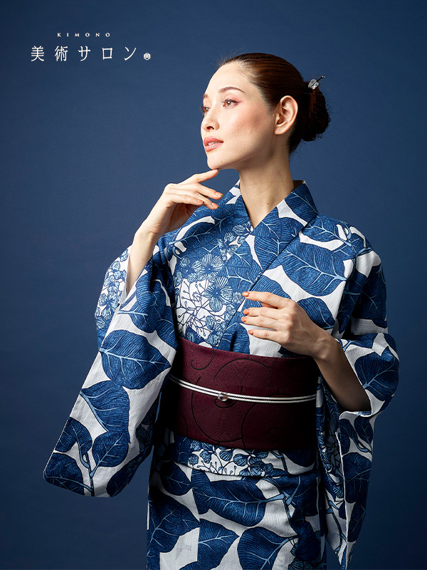 浴衣 美術サロン 藍捺染 アジサイ 藍 紺 白 知多木綿 レディース
