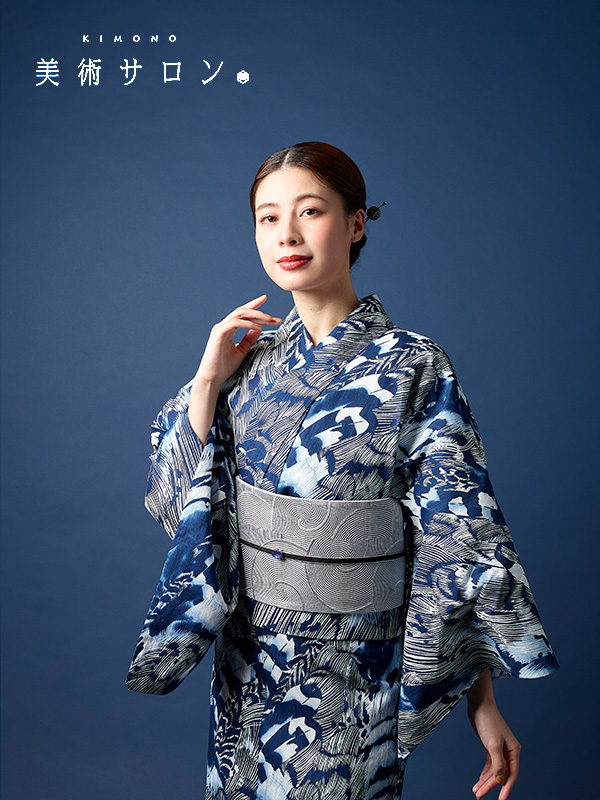 浴衣 美術サロン 藍捺染 羽 鳥 藍 紺 白 知多木綿 レディース