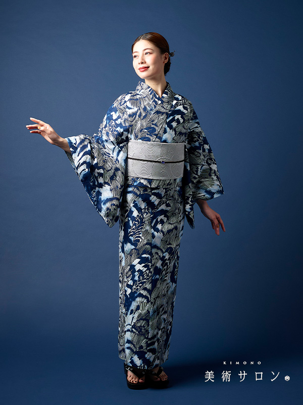 浴衣 美術サロン 藍捺染 羽 鳥 藍 紺 白 知多木綿 レディース