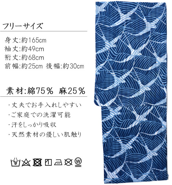 浴衣 美術サロン 藍捺染 ツバメ 波 海 鳥 幾何学 藍 紺 白 知多木綿