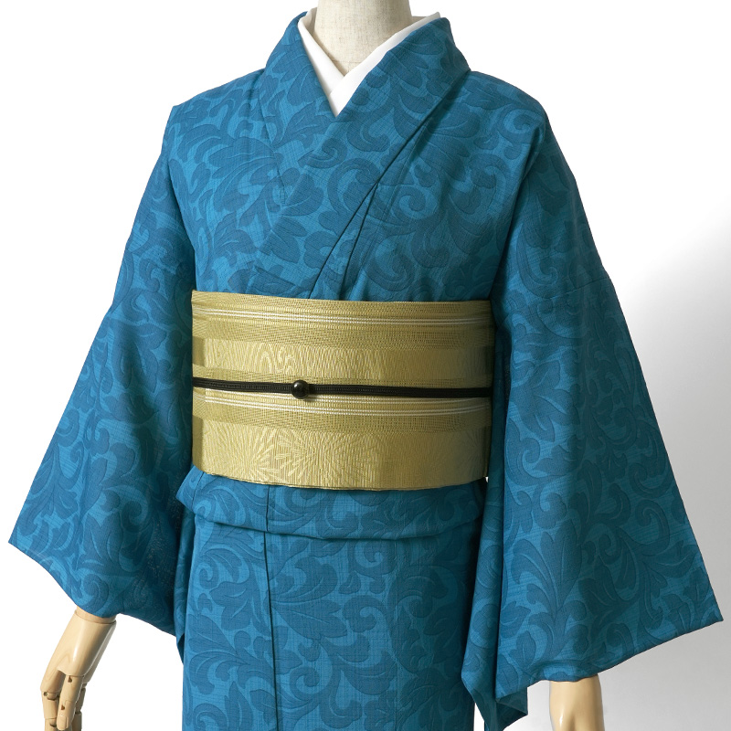【美品】洗える夏小紋フルセット 青系 涼やか上品コーデ 裄67.5 着物 セオアルファ 単衣 JAPAN MODE 唐草 更紗 ターコイズ 青緑 洗える