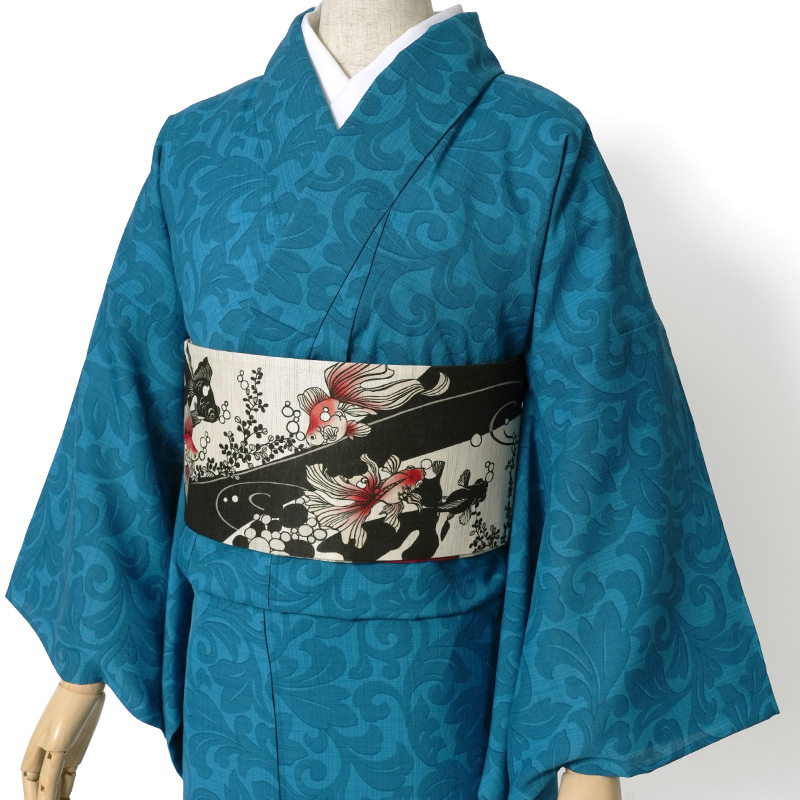 着物 セオアルファ 単衣 JAPAN MODE 唐草 更紗 ターコイズ 青緑 洗える