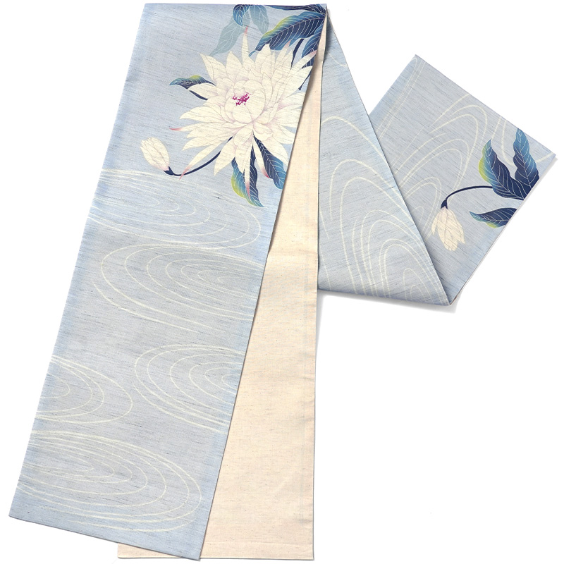 京袋帯 WAKKA 麻 月下美人 花 水色 オフホワイト お太鼓 一重太鼓 夏帯