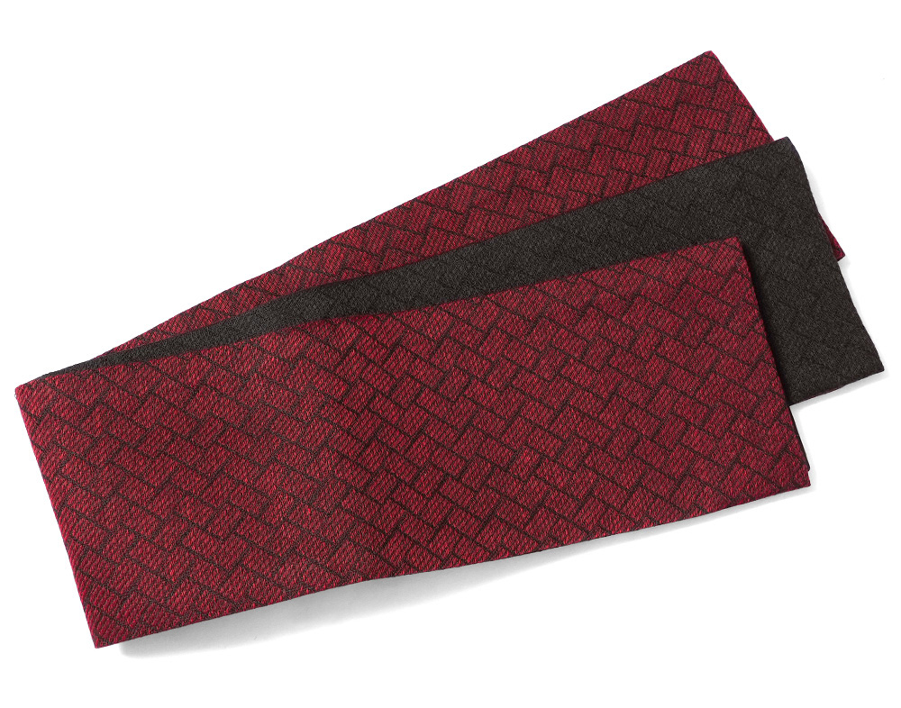 新品　結び帯　撫松庵　黒 撫松庵 半幅帯 麻100％ 網代文様 赤 黒 リバーシブル 夏用 浴衣帯 長尺