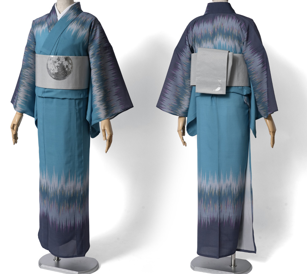 撫松庵 浴衣 色絣 ターコイズ 青緑 グレー 絵羽風 セオアルファ 単衣