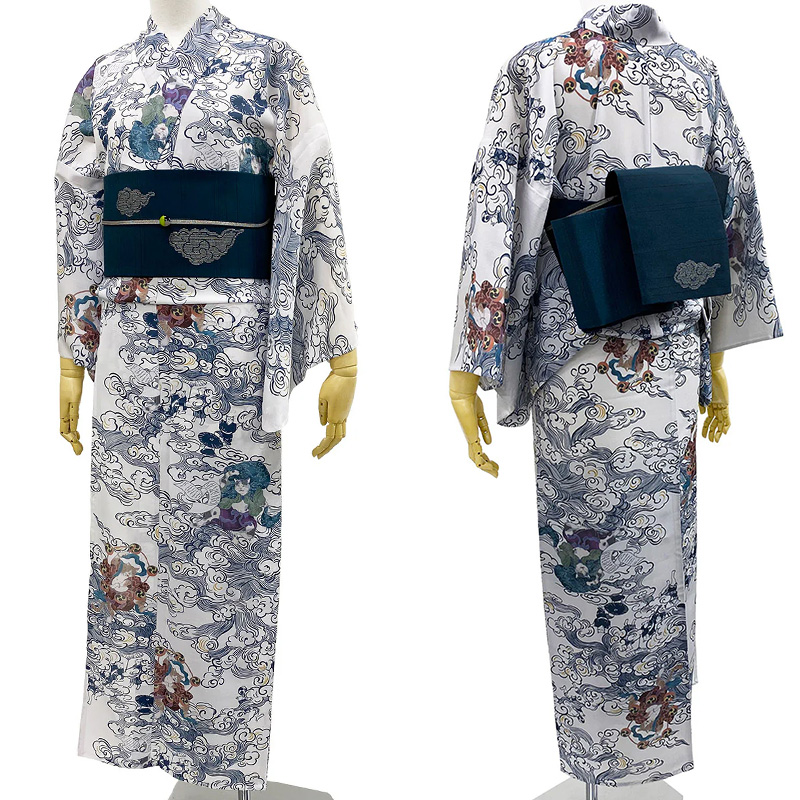 撫松庵 仕立て上がり浴衣 単品 雲柄 ブルー系 撫松庵 浴衣 風神雷神猫 雲 ライトグレー ネイビー セオアルファ 単衣