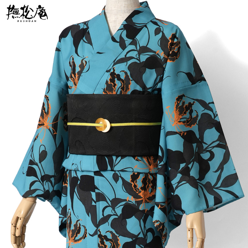撫松庵 浴衣 グロリオサ 水色 黒 オレンジ セオアルファ 単衣 夏着物