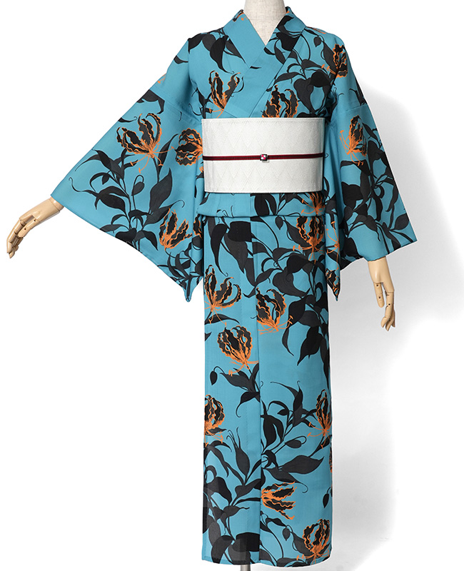 撫松庵 浴衣 グロリオサ 水色 黒 オレンジ セオアルファ 単衣 夏着物