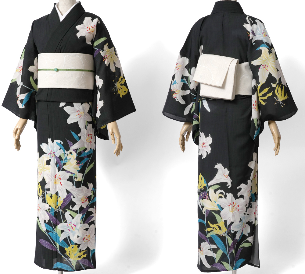 セオα セオアルファ　浴衣　美品　白　黒　和風館　検) ふりふ　撫松庵　花古今 撫松庵 浴衣 絵羽 百合尽くし 黒 白 セオアルファ 花 単衣 夏着物