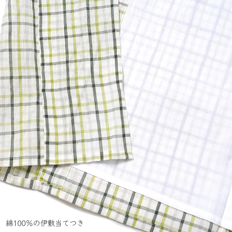 着物 単衣 小千谷縮 チェック 格子 白 黄緑 麻 苧麻 上布 夏 浴衣