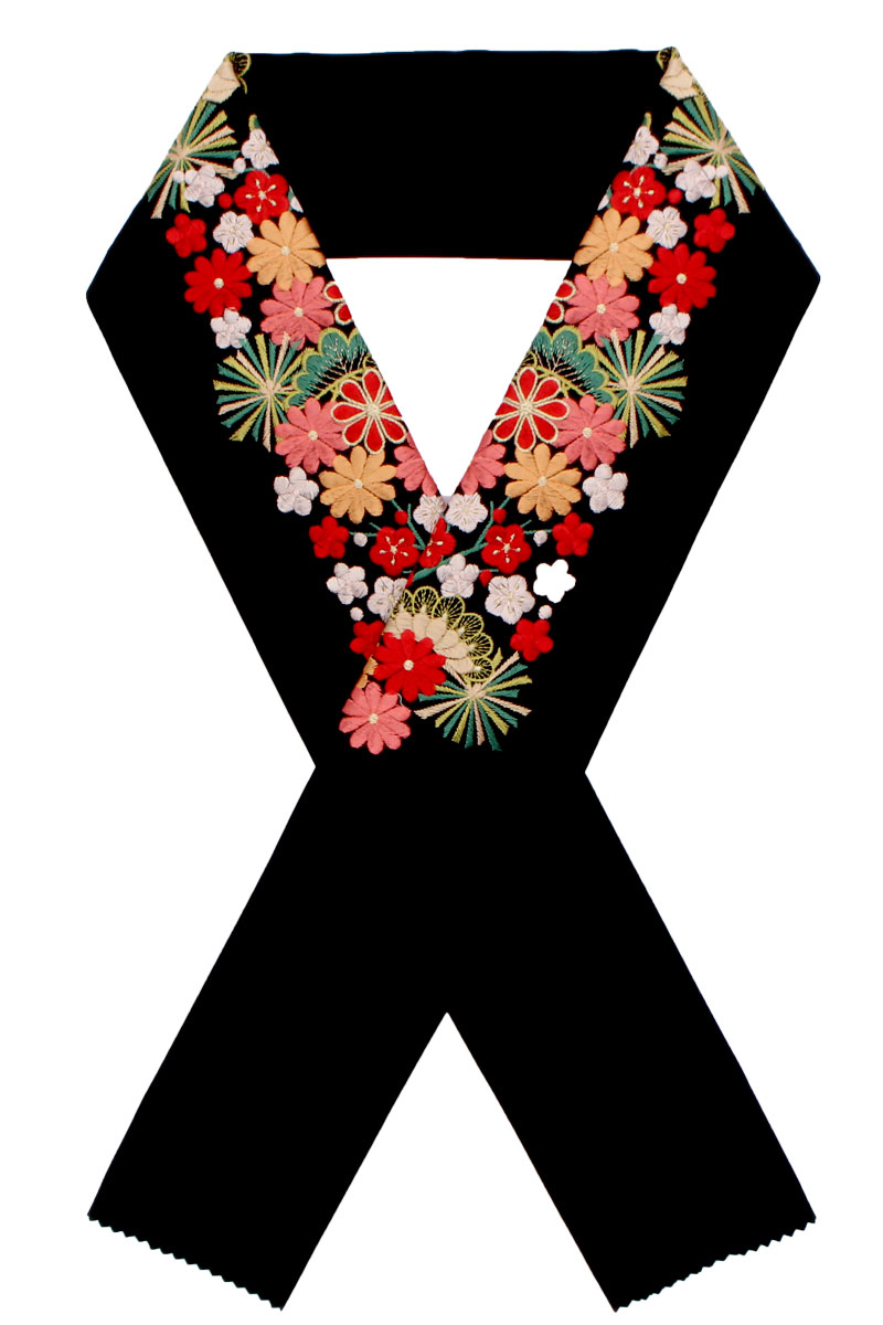 半襟／豪華手刺繍／黒地に菊／古典柄 半襟／豪華手刺繍／黒地に菊／古典柄